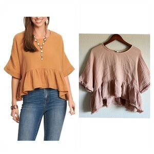 Newbury Kustom Cotton Gauzy Cropped Ruffle Short Sleeve Blouse Top Rose